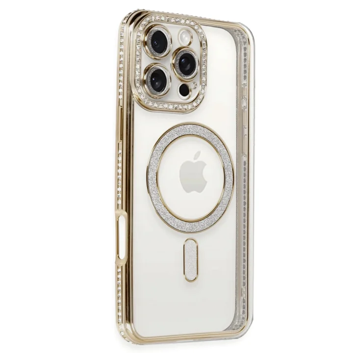 Mey İthalat®   iPhone 16 Pro Kılıf Joke Simli Magneticsafe Kılıf - Gold