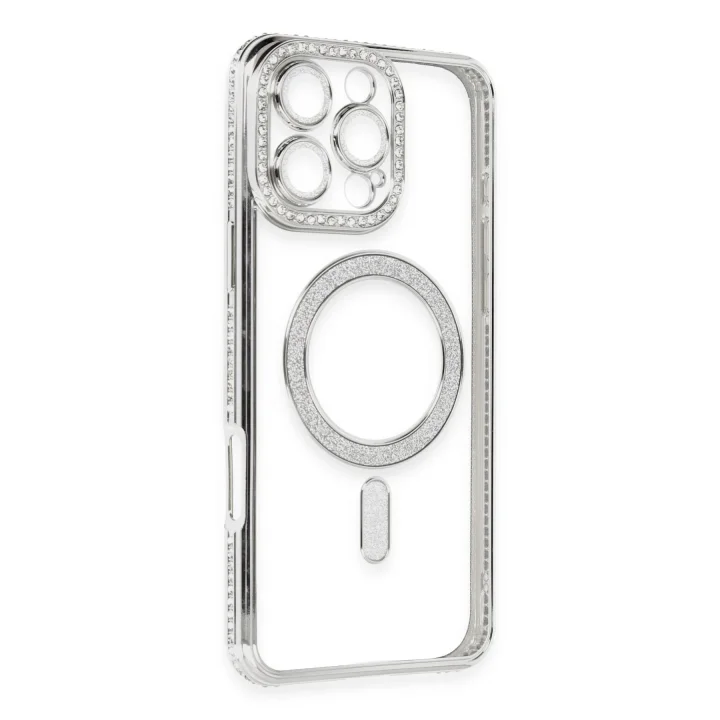 Mey İthalat®   iPhone 16 Pro Kılıf Joke Simli Magneticsafe Kılıf - Gümüş