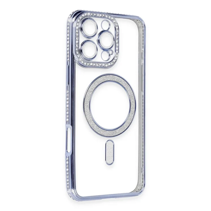 Mey İthalat®   iPhone 16 Pro Kılıf Joke Simli Magneticsafe Kılıf - Mavi