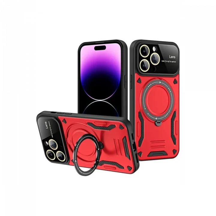 Mey İthalat®   iPhone 16 Pro Kılıf Joy Lens Standlı Kapak - Kırmızı