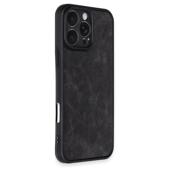 Mey İthalat®   iPhone 16 Pro Max Kılıf Aras Deri Kapak - Siyah