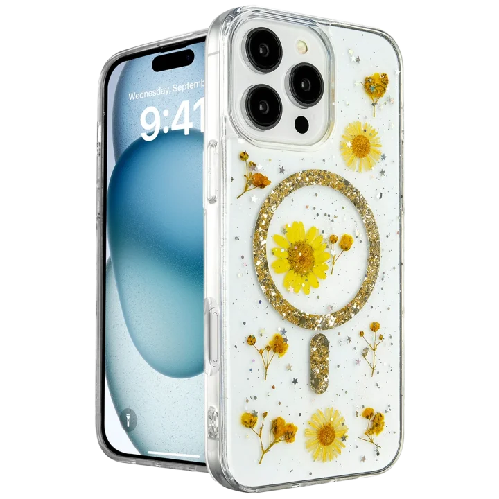 Mey İthalat®   iPhone 16 Pro Max Kılıf Daisy Simli Magsafe Kapak - Gold