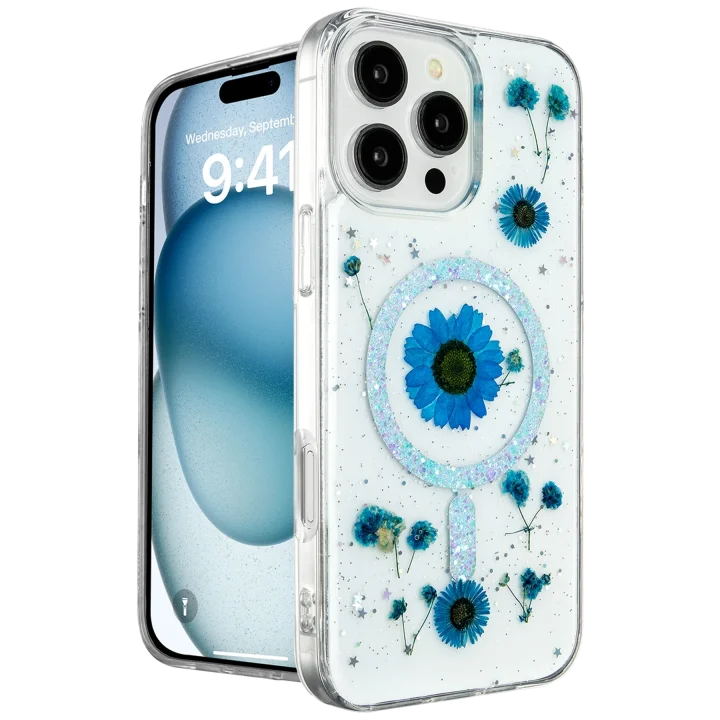 Mey İthalat®   iPhone 16 Pro Max Kılıf Daisy Simli Magsafe Kapak - Mavi