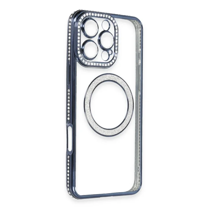 Mey İthalat®  iPhone 16 Pro Max Kılıf Joke Simli Magneticsafe Kılıf - Lacivert