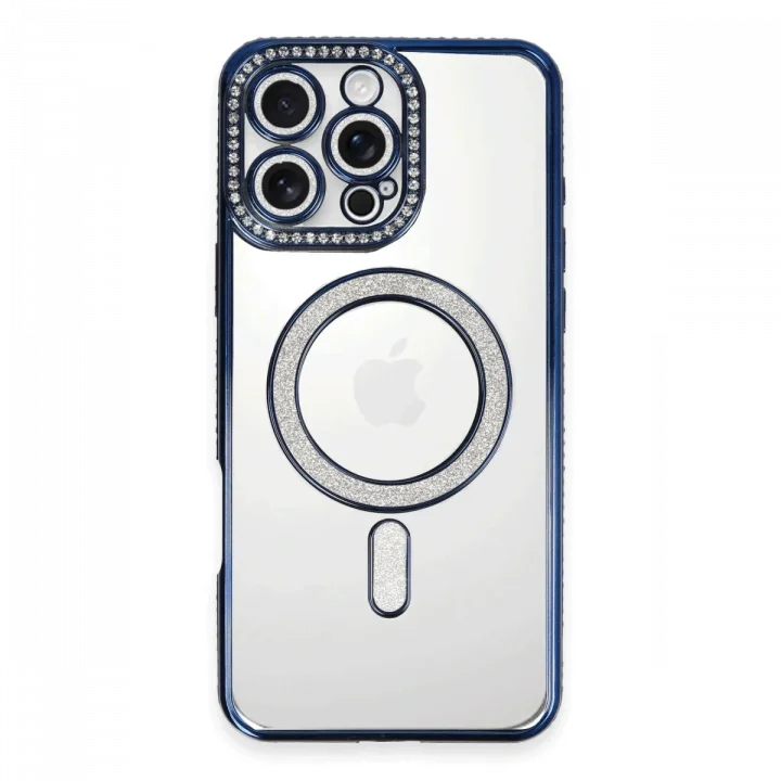 Mey İthalat®  iPhone 16 Pro Max Kılıf Joke Simli Magneticsafe Kılıf - Lacivert