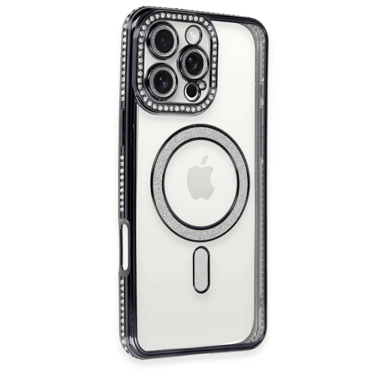 Mey İthalat®   iPhone 16 Pro Max Kılıf Joke Simli Magneticsafe Kılıf - Siyah