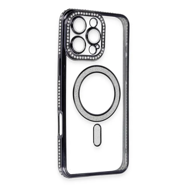 Mey İthalat®   iPhone 16 Pro Max Kılıf Joke Simli Magneticsafe Kılıf - Siyah