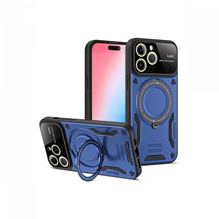 Mey İthalat®   iPhone 16 Pro Max Kılıf Joy Lens Standlı Kapak - Lacivert