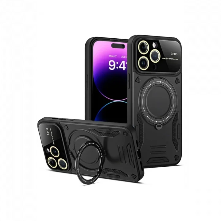 Mey İthalat®   iPhone 16 Pro Max Kılıf Joy Lens Standlı Kapak - Siyah