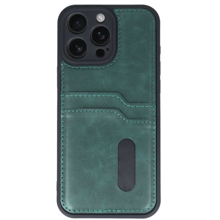 Mey İthalat®  iPhone 16 Pro Max Kılıf Sara Kartvizitli Deri Kılıf - Koyu Yeşil