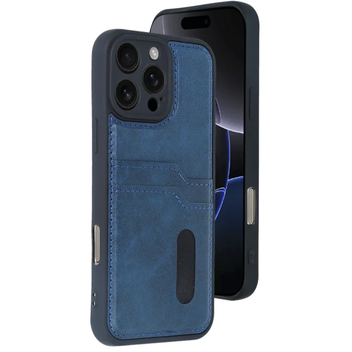 Mey İthalat®  iPhone 16 Pro Max Kılıf Sara Kartvizitli Deri Kılıf - Lacivert