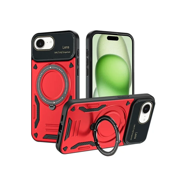 Mey İthalat®  iPhone 16E Kılıf Joy Lens Standlı Kapak - Kırmızı