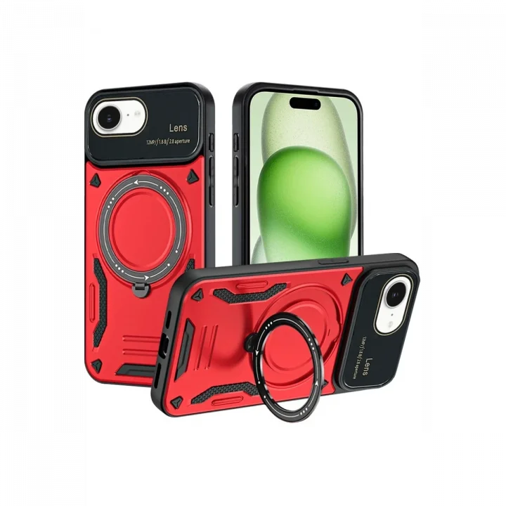 Mey İthalat®  iPhone 16E Kılıf Joy Lens Standlı Kapak - Kırmızı