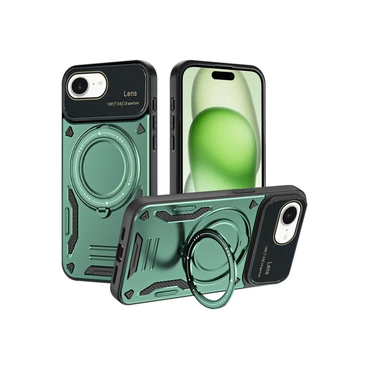 Mey İthalat®   iPhone 16E Kılıf Joy Lens Standlı Kapak - Koyu Yeşil