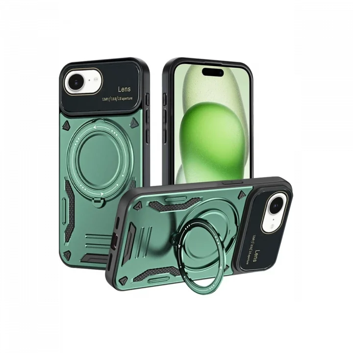 Mey İthalat®   iPhone 16E Kılıf Joy Lens Standlı Kapak - Koyu Yeşil