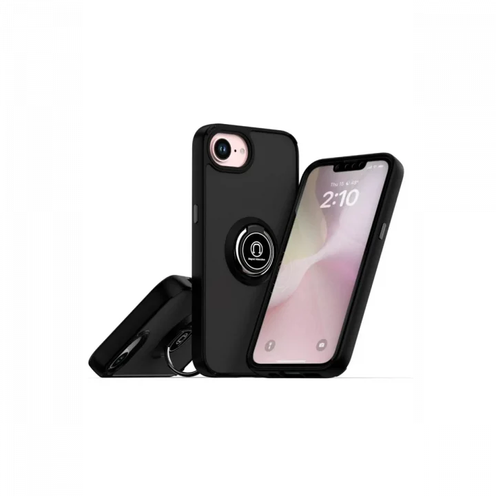 Mey İthalat®   iPhone 16E Kılıf Montreal Yüzüklü Silikon Kapak - Siyah