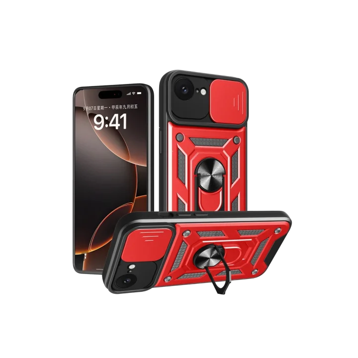 Mey İthalat®   iPhone 16E Kılıf Pars Lens Yüzüklü Silikon - Kırmızı