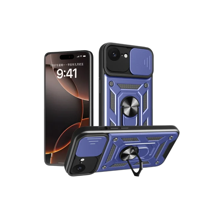 Mey İthalat®   iPhone 16E Kılıf Pars Lens Yüzüklü Silikon - Lacivert