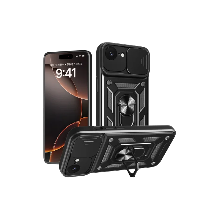 Mey İthalat®   iPhone 16E Kılıf Pars Lens Yüzüklü Silikon - Siyah