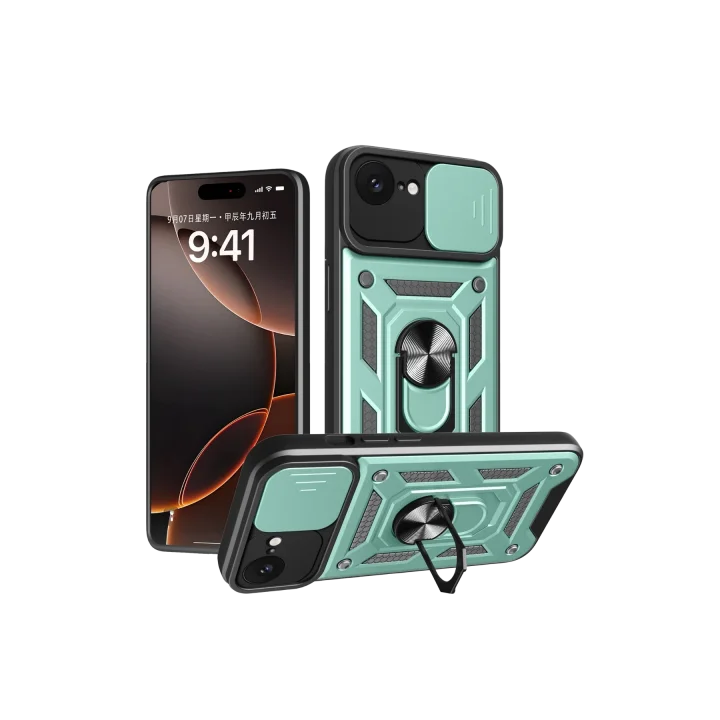 Mey İthalat®   iPhone 16E Kılıf Pars Lens Yüzüklü Silikon - Yeşil