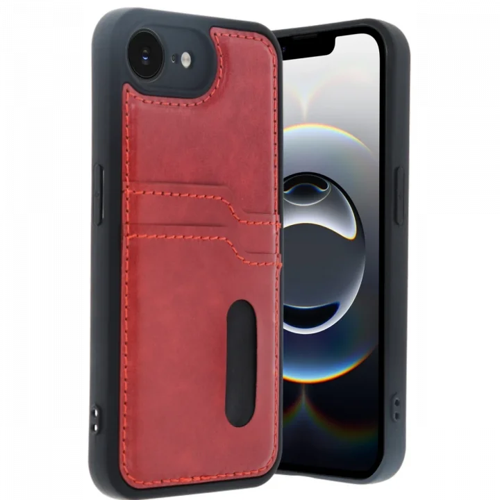 Mey İthalat®   iPhone 16E Kılıf Sara Kartvizitli Deri Kılıf - Kırmızı