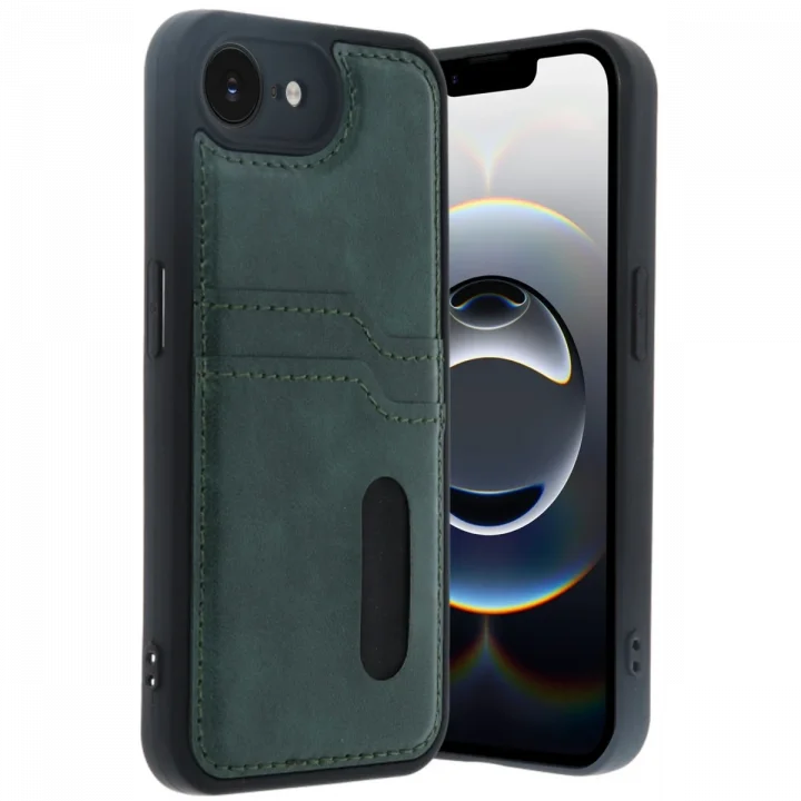 Mey İthalat®   iPhone 16E Kılıf Sara Kartvizitli Deri Kılıf - Koyu Yeşil