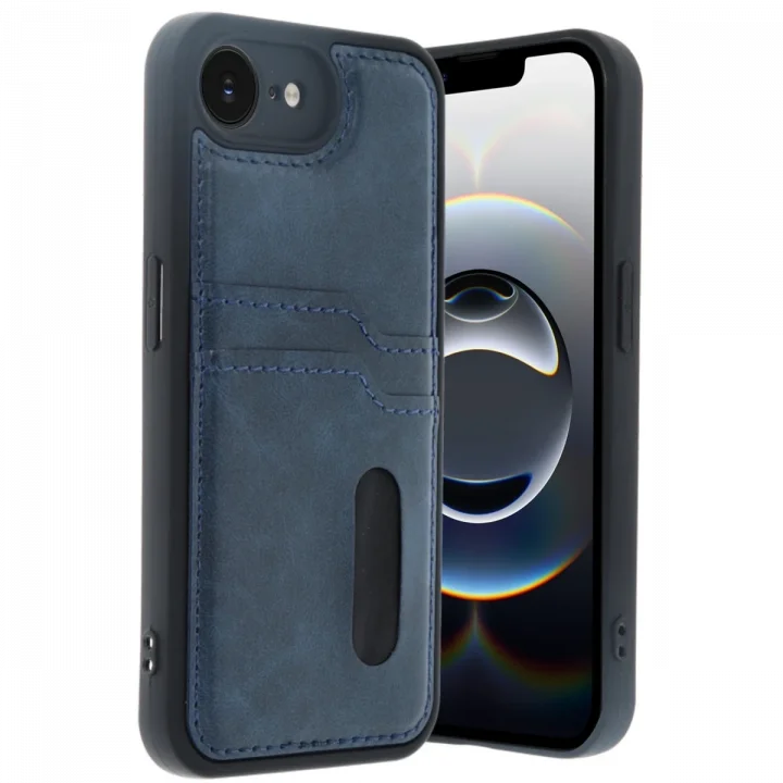 Mey İthalat®   iPhone 16E Kılıf Sara Kartvizitli Deri Kılıf - Lacivert