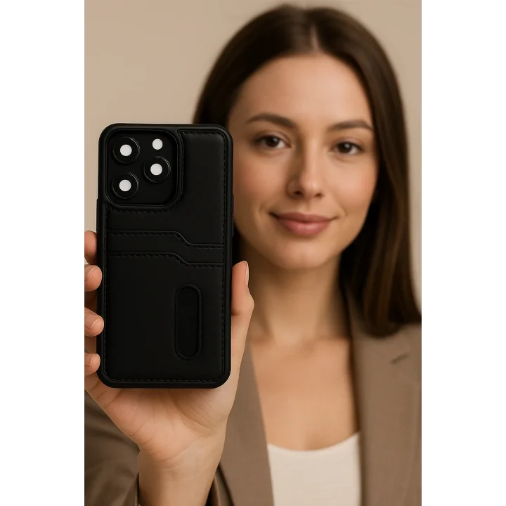 Mey İthalat®   iPhone 16E Kılıf Sara Kartvizitli Deri Kılıf - Siyah