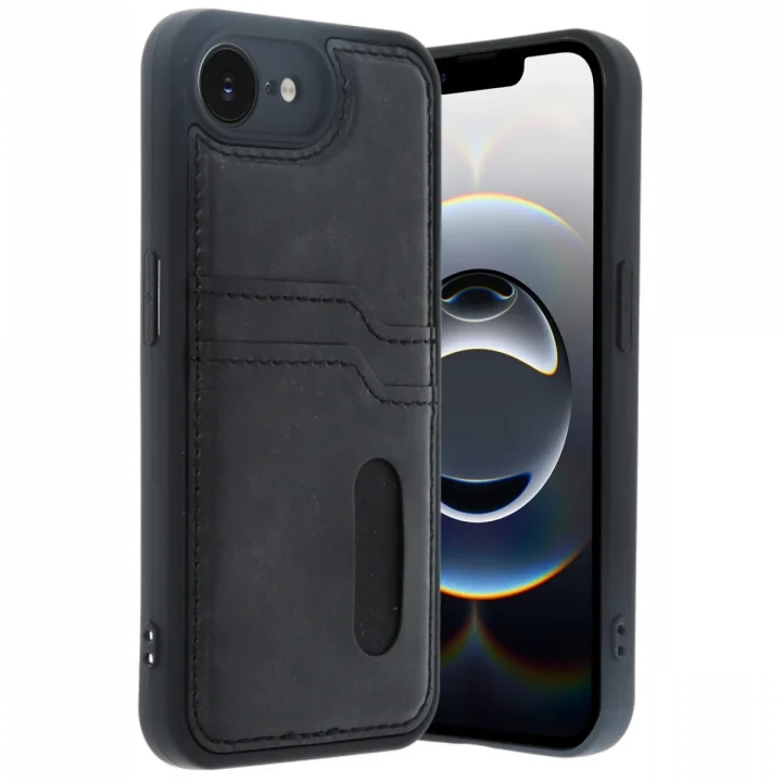 Mey İthalat®   iPhone 16E Kılıf Sara Kartvizitli Deri Kılıf - Siyah