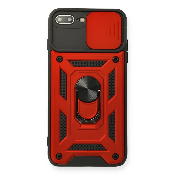 Mey İthalat®  iPhone 7 Plus Kılıf Pars Lens Yüzüklü Silikon - Kırmızı