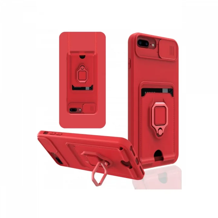 Mey İthalat®   iPhone 7 Plus Kılıf Zuma Kartvizitli Yüzüklü Silikon - Kırmızı