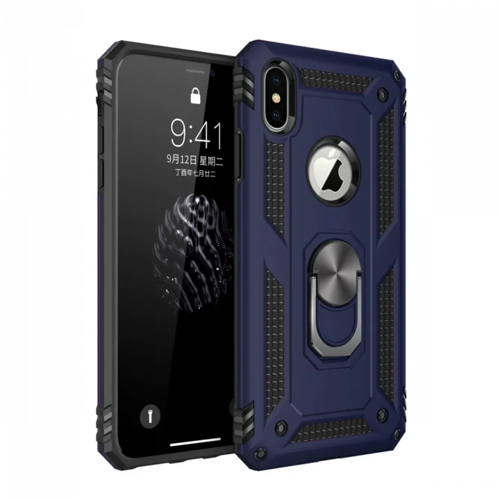 Mey İthalat®   iPhone X Kılıf Sofya Yüzüklü Silikon Kapak - Lacivert