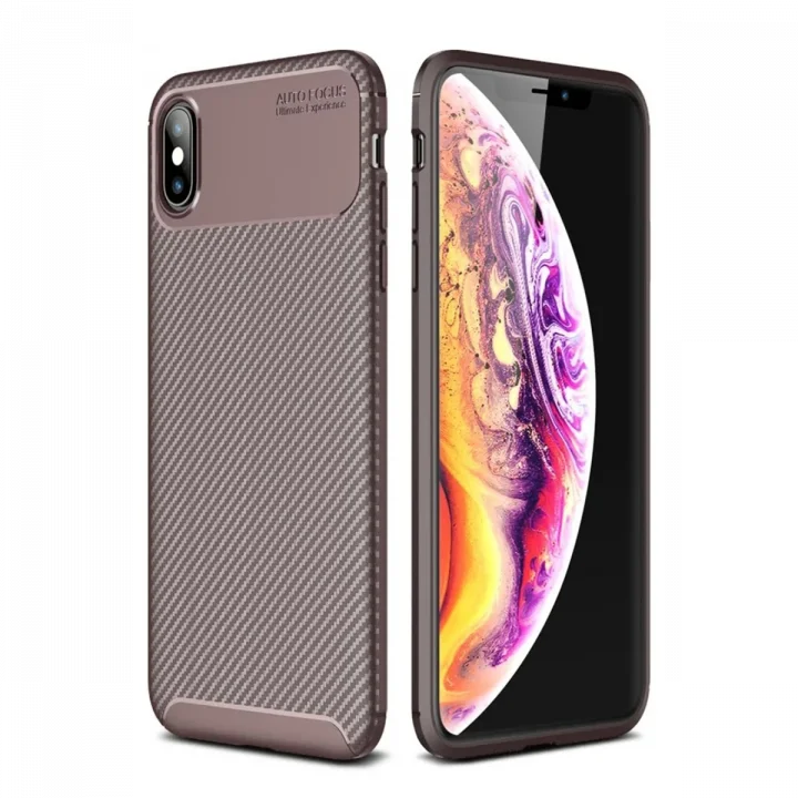 Mey İthalat®   iPhone XS Max Kılıf Auto Focus Karbon Kapak - Kahverengi