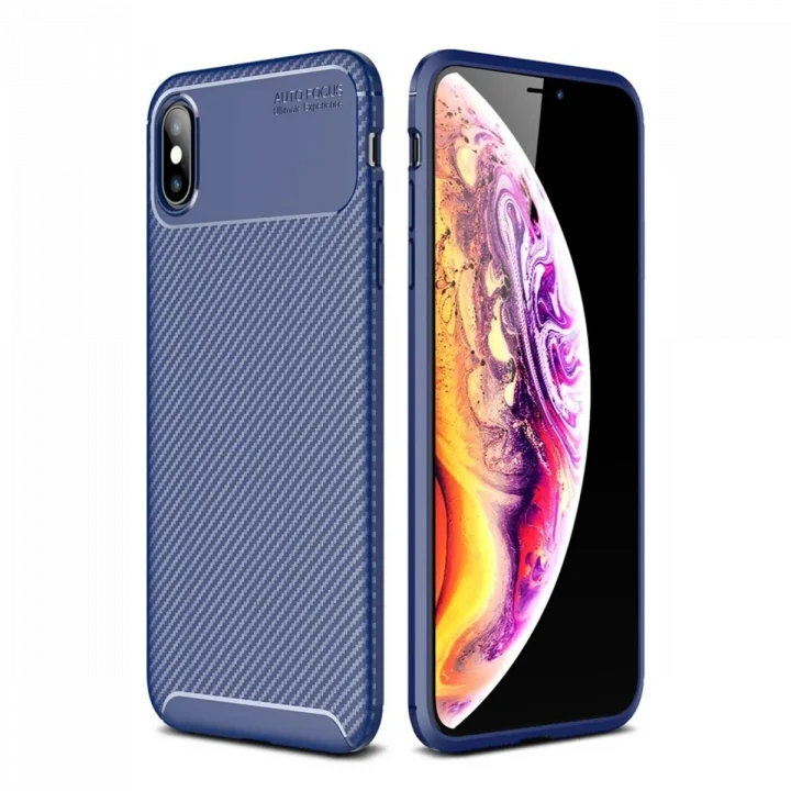 Mey İthalat®   iPhone XS Max Kılıf Auto Focus Karbon Kapak - Lacivert