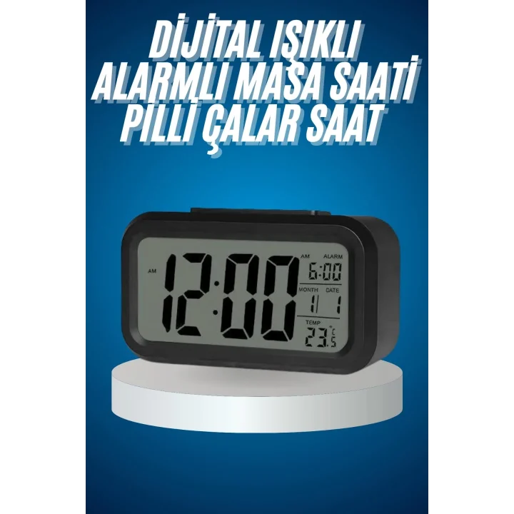 Mey İthalat® Işıklı Dereceli Masa Ofis Saati Alarmlı Termometre Takvim Çalar Saat