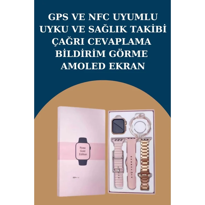 Mey İthalat® Kadınlar İçin 3 Kordonlu Akıllı Saat ve Dijital Göstergeli Powerbankli Bluetooth Kulaklık Dokunmatik Kontrol
