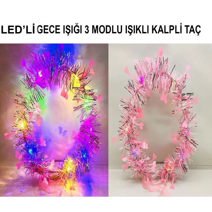 Mey İthalat® Kalp Püsküllü Gece Parıltısı 3 Modlu LED&amp;#39;li Işıklı Taç Pembe Renk