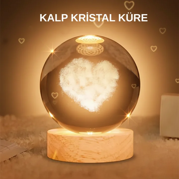 Mey İthalat® Kalpli Işıklı Cam Küre Ahşap Standlı Dekoratif Gece Lambası