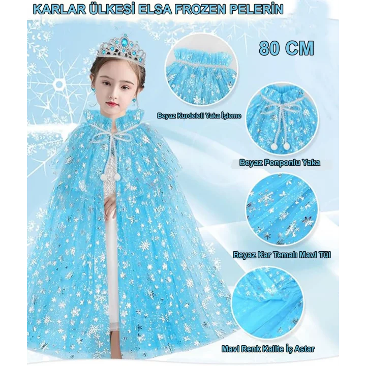 Mey İthalat® Karlar Ülkesi Elsa Frozen Mavi Pelerin – 80 cm Kar Desenli Çocuk Pelerini ( Taç Hariç )
