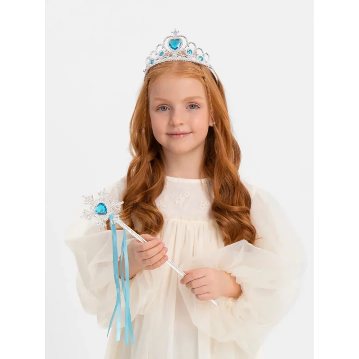 Mey İthalat® Karlar Ülkesi Elsa Mavi Kalp Tacı ve Kar Temalı Asa Seti