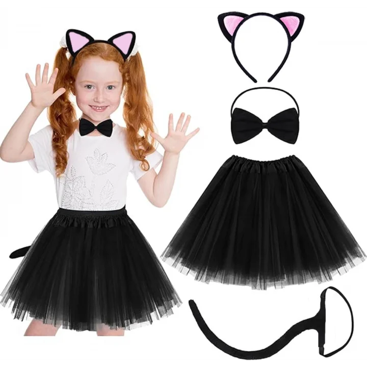 Mey İthalat® Kedi Kulak Taç Etek Kuyruk ve Papyon 4 lü Set Çocuk Pembe