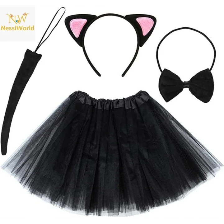 Mey İthalat® Kedi Kulak Taç Etek Kuyruk ve Papyon 4 lü Set Çocuk Pembe