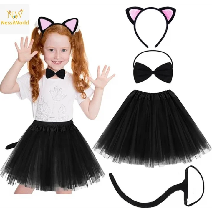 Mey İthalat® Kedi Kulak Taç Etek Kuyruk ve Papyon 4 lü Set Çocuk Pembe