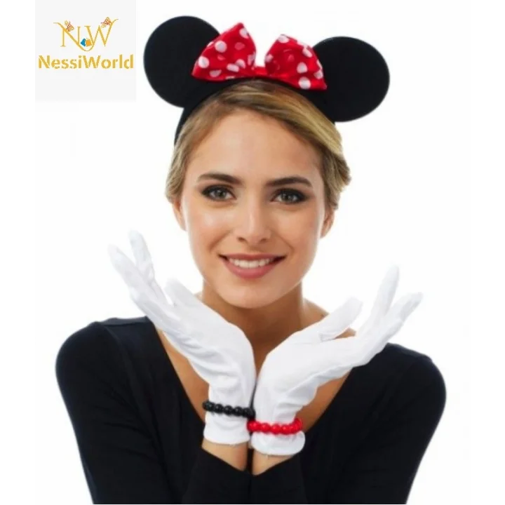 Mey İthalat® Kırmızı Fiyonklu Minnie Mouse Tacı ve Beyaz Eldiven Seti