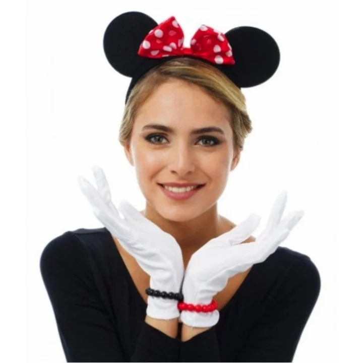 Mey İthalat® Kırmızı Fiyonklu Minnie Mouse Tacı ve Beyaz Eldiven Seti