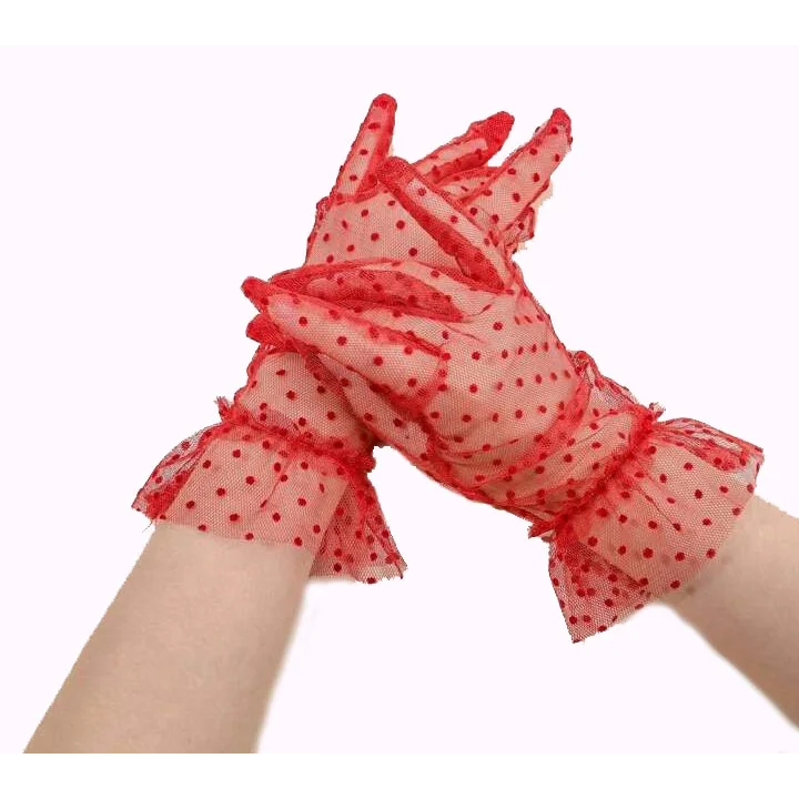 Mey İthalat® Kısa Boy Güpürlü Kırmızı Puantiyeli Tül Eldiven Kırmızı Renk