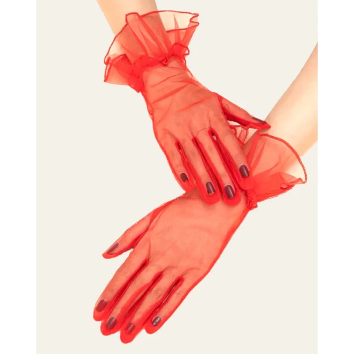 Mey İthalat® Kısa Boy Likralı Güpürlü Yetişkin Tül Eldiven Kırmızı Renk