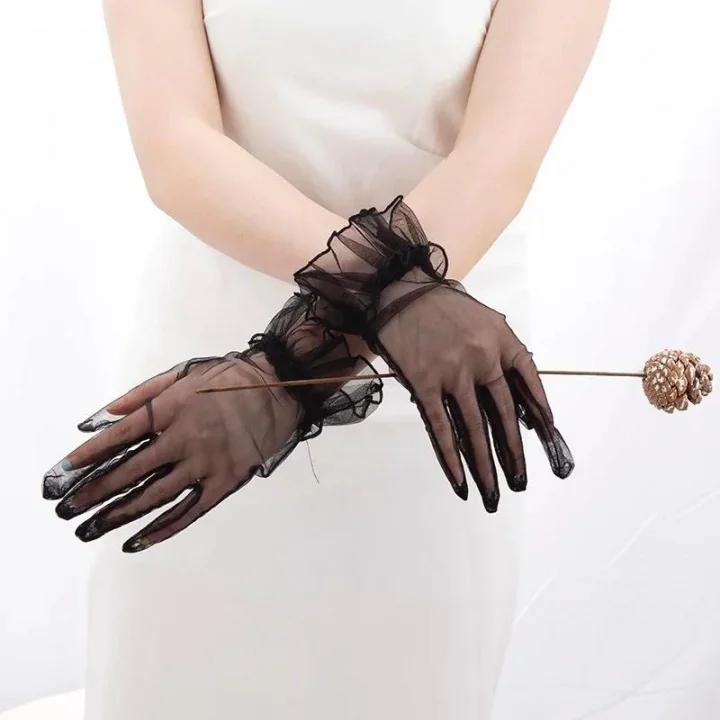 Mey İthalat® Kısa Boy Likralı Güpürlü Yetişkin Tül Eldiven Siyah Renk