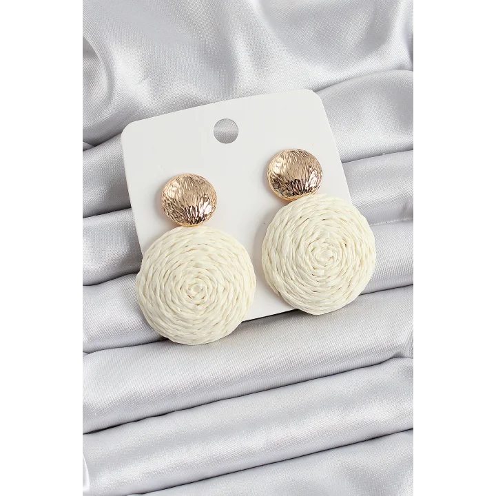 Mey İthalat® Krem Daire Figürlü Hasır Örgü Model Gold Renk Kadın Küpe