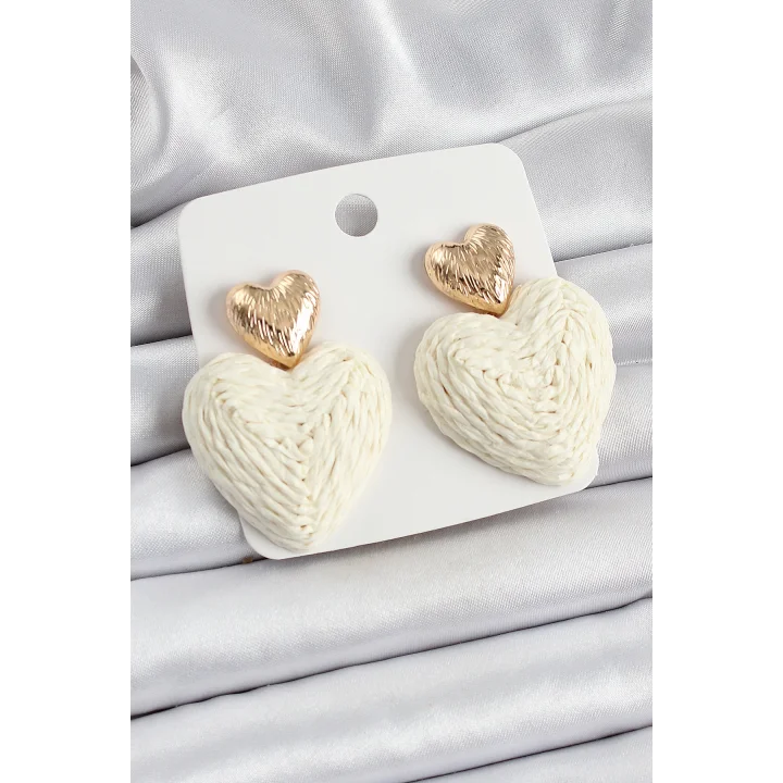 Mey İthalat® Krem Kalp Figürlü Hasır Örgü Model Gold Renk Kadın Küpe